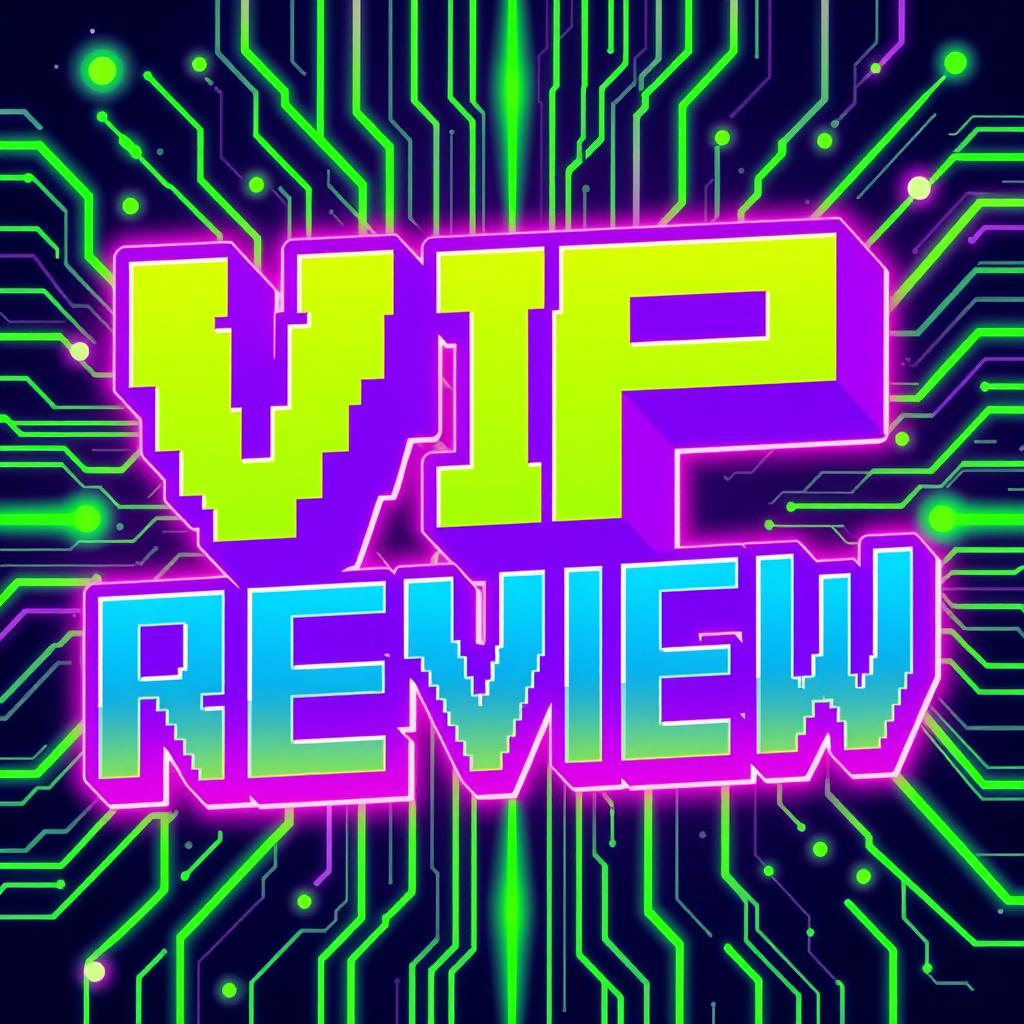 The text 'VIP REVIEW' in a bold, playful nerd style, featuring pixelated letters reminiscent of classic video games