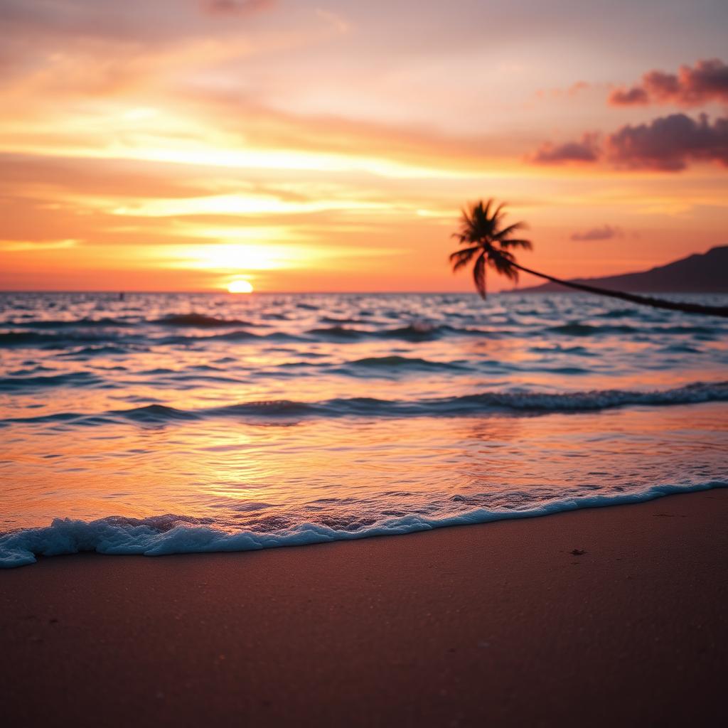 A serene sunset over a tranquil beach, with soft waves lapping at the shore