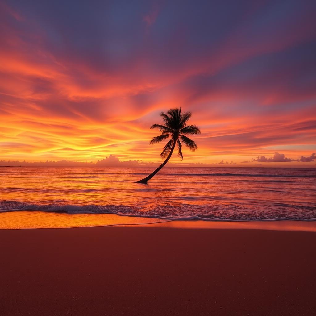 A serene sunset over a tranquil beach, with soft waves lapping at the shore