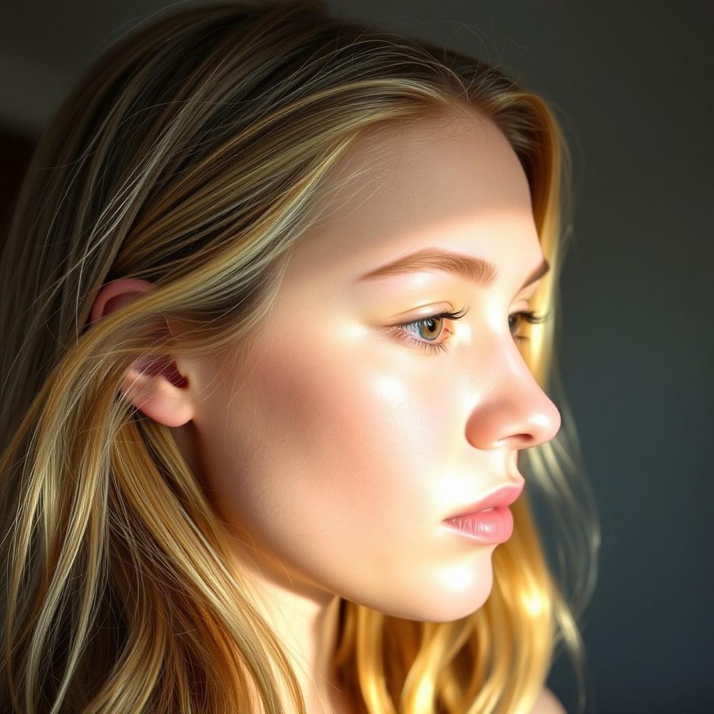 A close-up profile of a young adult with softly highlighted eyebrows and hair that has been lightened to a sun-kissed blonde shade, showcasing natural elegance