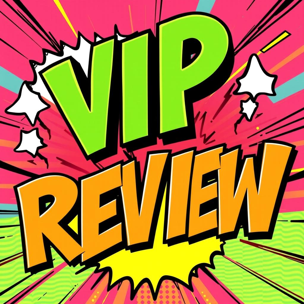 A vibrant comic-style illustration featuring the bold text 'VIP REVIEW' prominently displayed in an eye-catching way