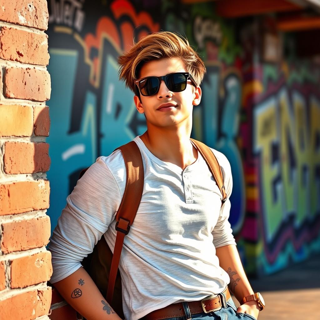 A young man casually leaning against a brick wall, wearing stylish sunglasses, dressed in a trendy urban outfit with a relaxed posture