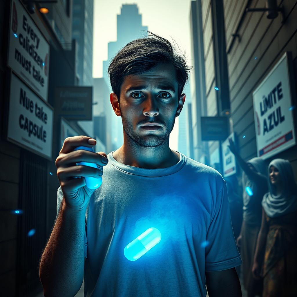 A dramatic and thought-provoking science fiction scene inspired by the synopsis of "Límite Azul"