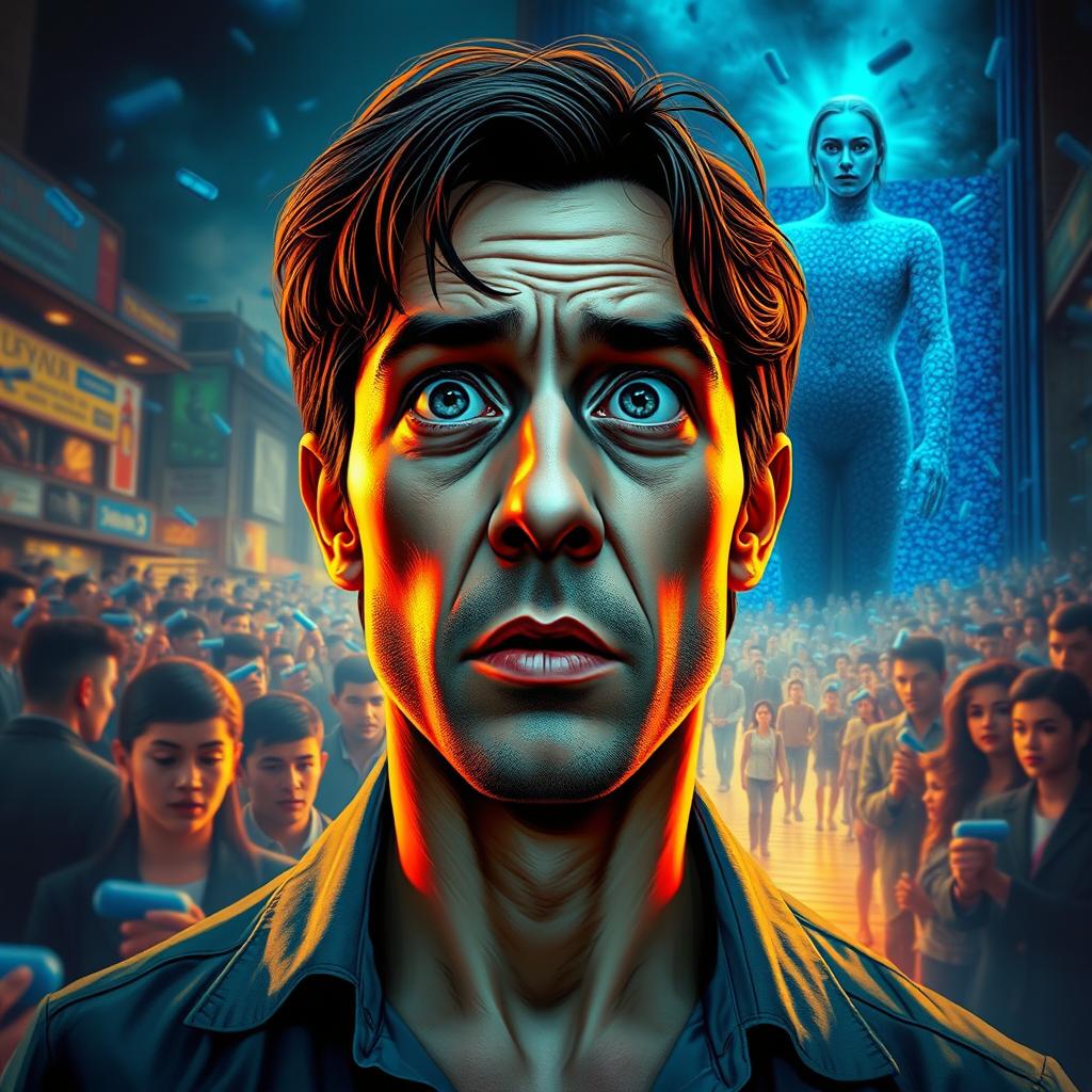A vivid and surreal scene from the dystopian world of "Límite Azul"