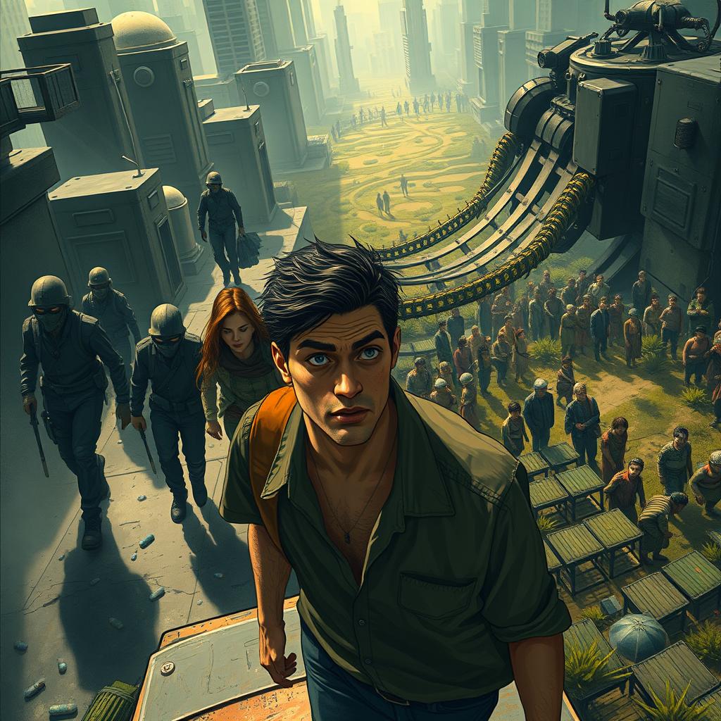 A dystopian scene depicting a city under strict surveillance, with citizens taking blue capsules as part of their daily routine