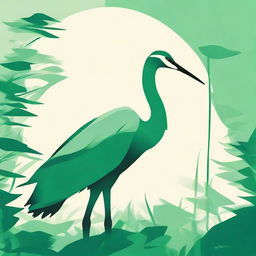 Create an abstract design using various tones of green to craft an image of a crane, capturing the bird's elegant and poised nature.