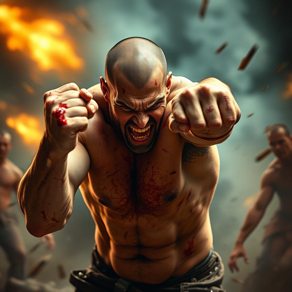A muscular man without a shirt, showcasing a well-defined body covered in various wounds, with a crazed and intense expression on his face