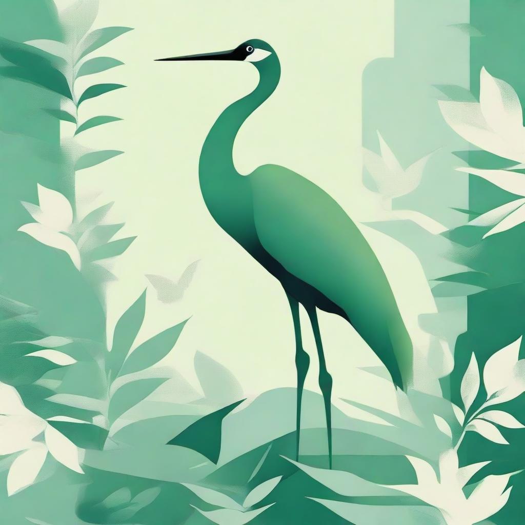 Create an abstract design using various tones of green to craft an image of a crane, capturing the bird's elegant and poised nature.