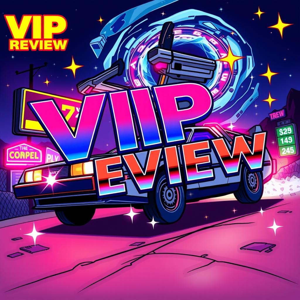 An imaginative and dynamic illustration featuring the words 'VIP REVIEW' prominently displayed in a futuristic font