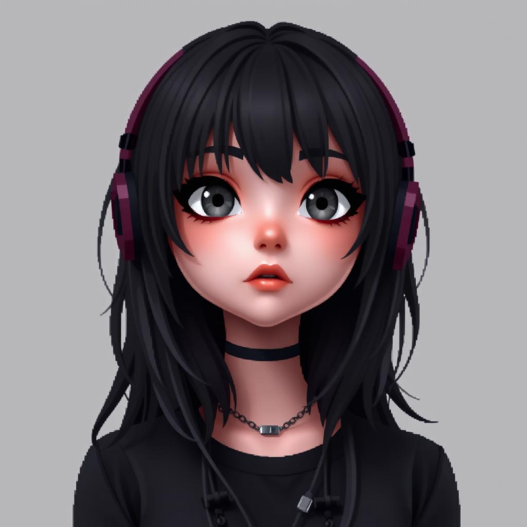 A three-dimensional representation of an adult goth girl with striking black hair and enchanting gray eyes