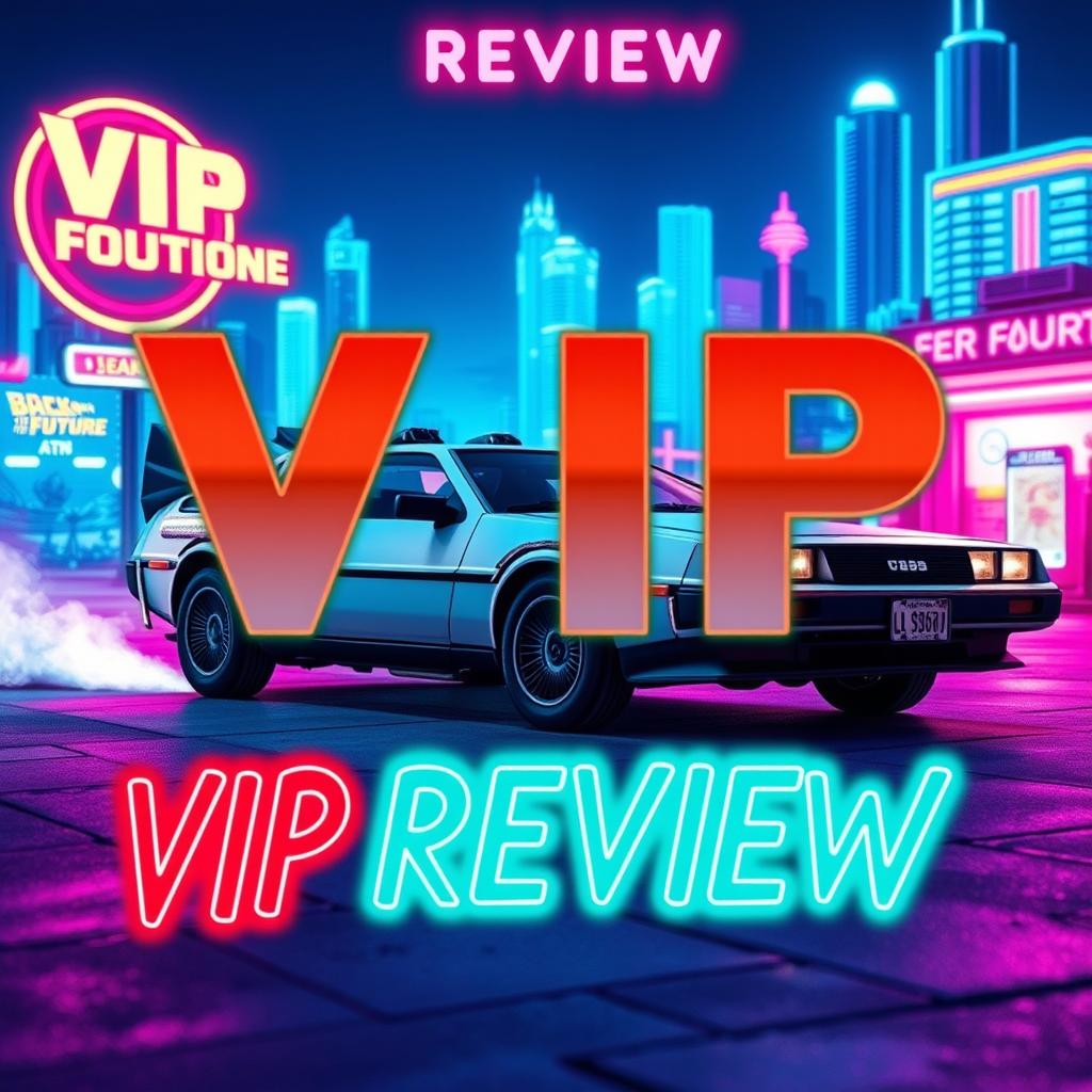 An imaginative scene inspired by 'Back to the Future', featuring a vibrant time machine, the DeLorean, parked in a futuristic setting with a neon-lit city in the background