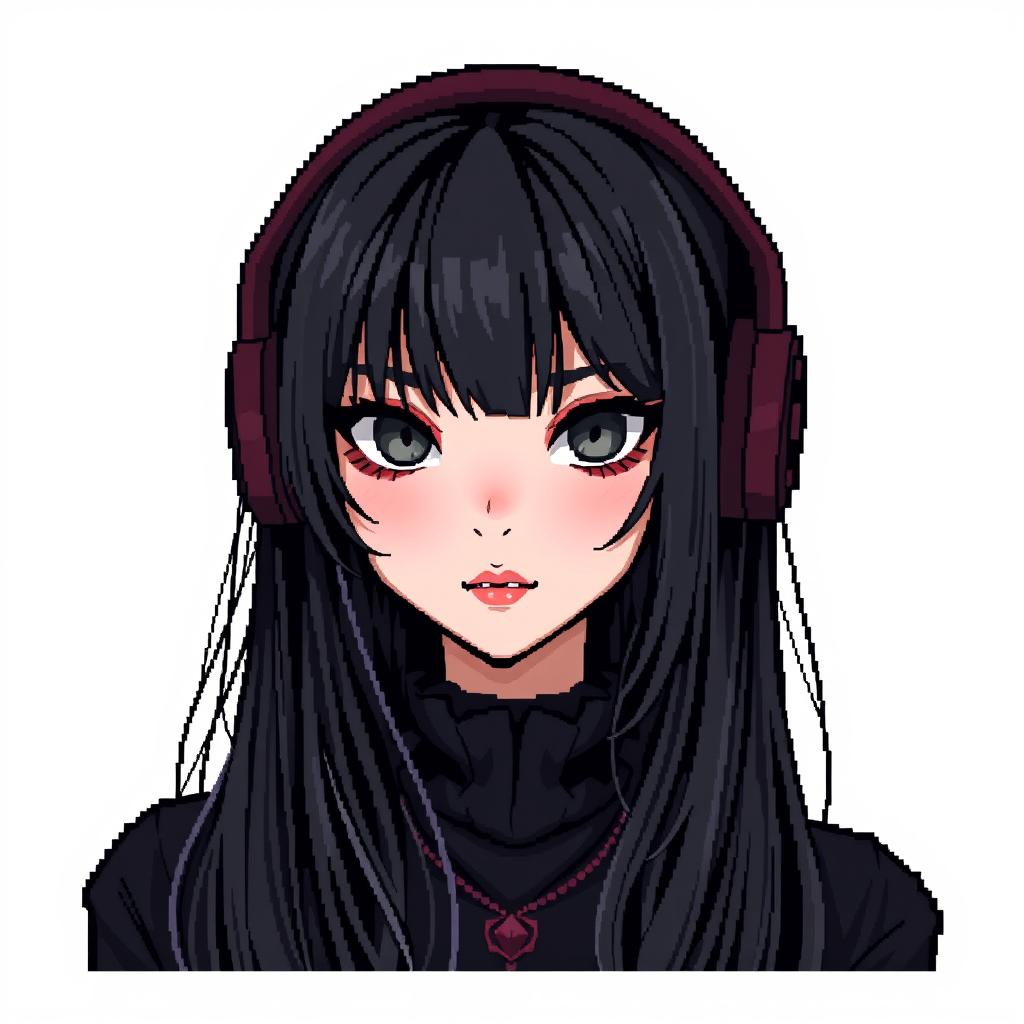A 64x64 pixel art depiction of an adult goth girl with long black hair and captivating gray eyes