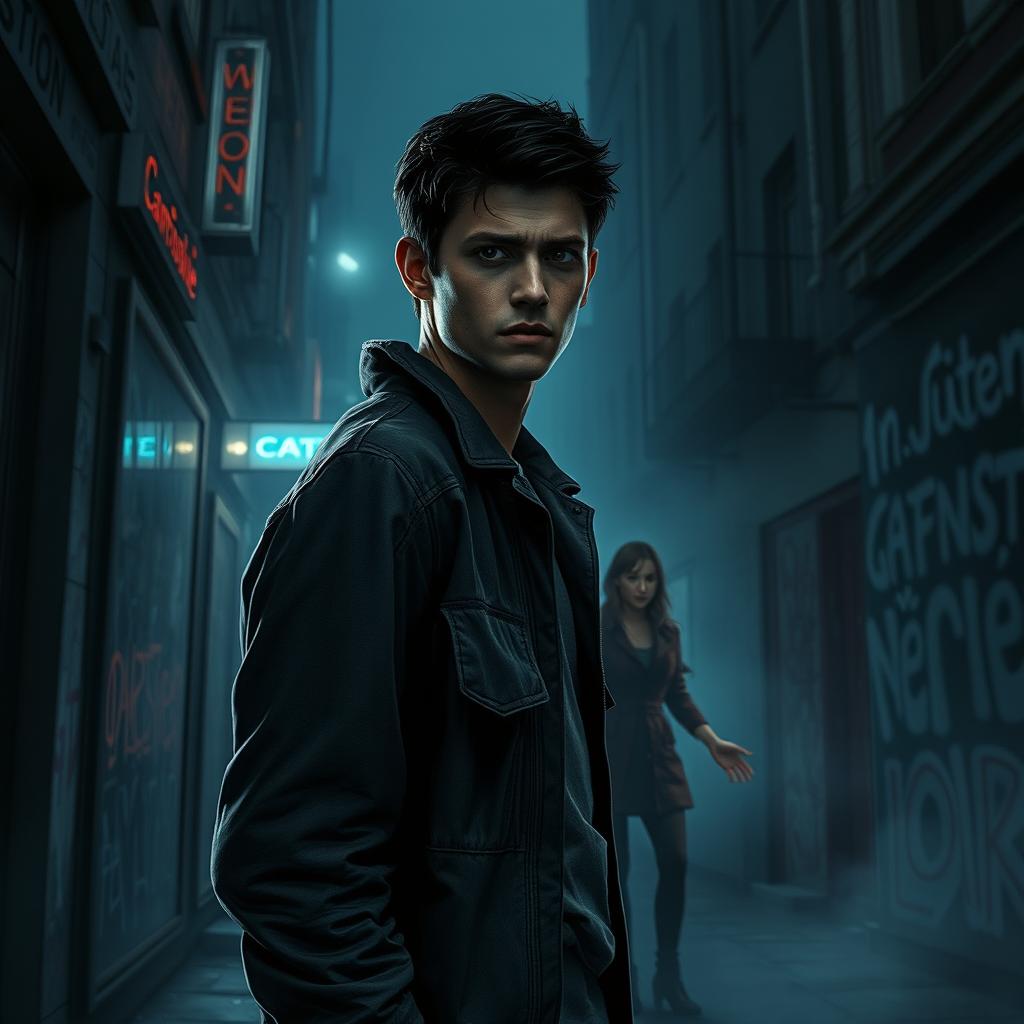 A dystopian scene depicting a futuristic city at night, illuminated by neon lights and a foggy atmosphere