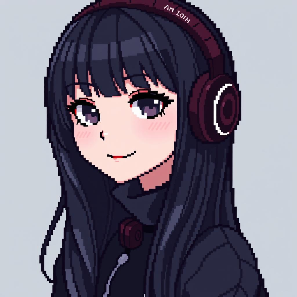 A stylized pixel art depiction of an adult goth girl with long black hair and striking gray eyes
