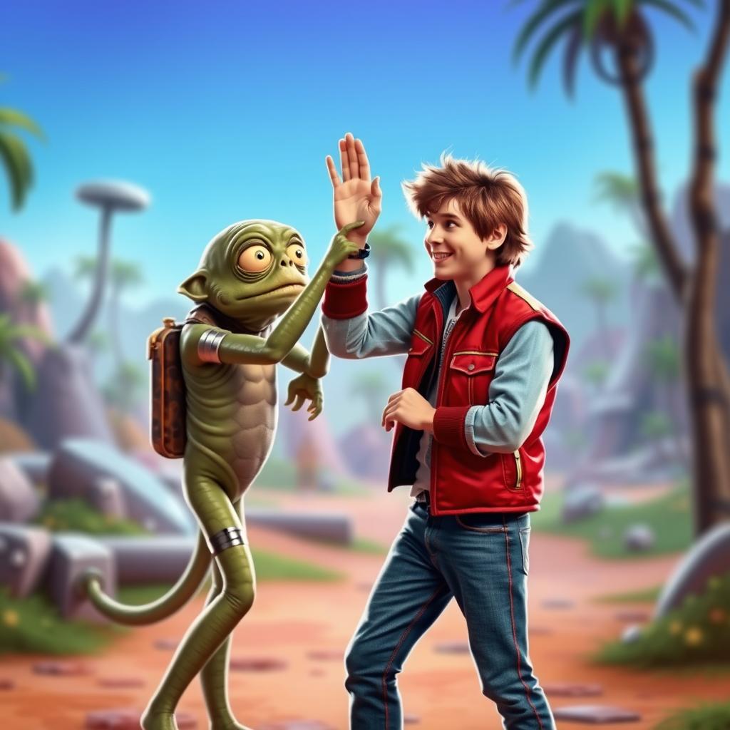 A whimsical and humorous scene depicting Marty McFly from 'Back to the Future' giving a high-five to Gollum from 'The Lord of the Rings'
