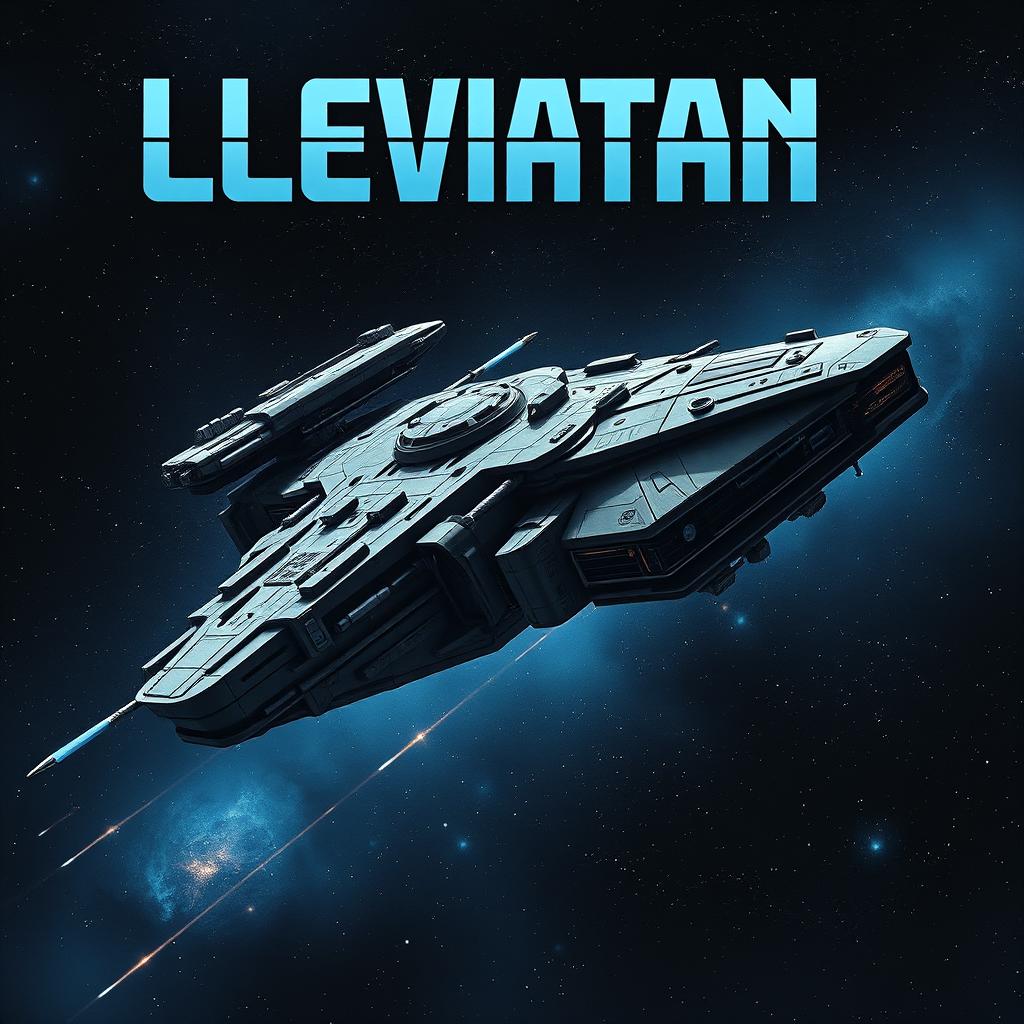 A realistic depiction of a heavily armed combat spaceship navigating through the vastness of space