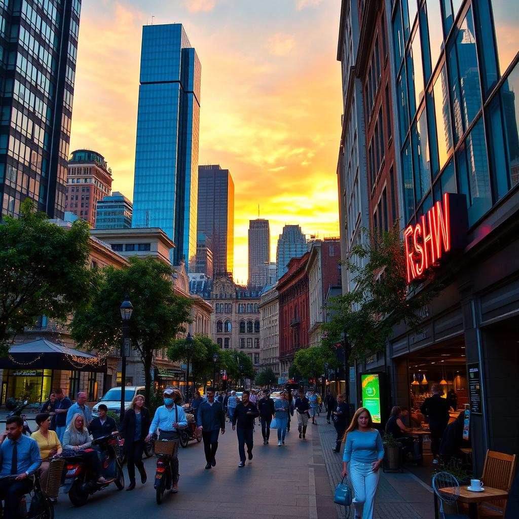 A vibrant and bustling cityscape at sunset, showcasing diverse architecture with modern skyscrapers intermingling with historical buildings