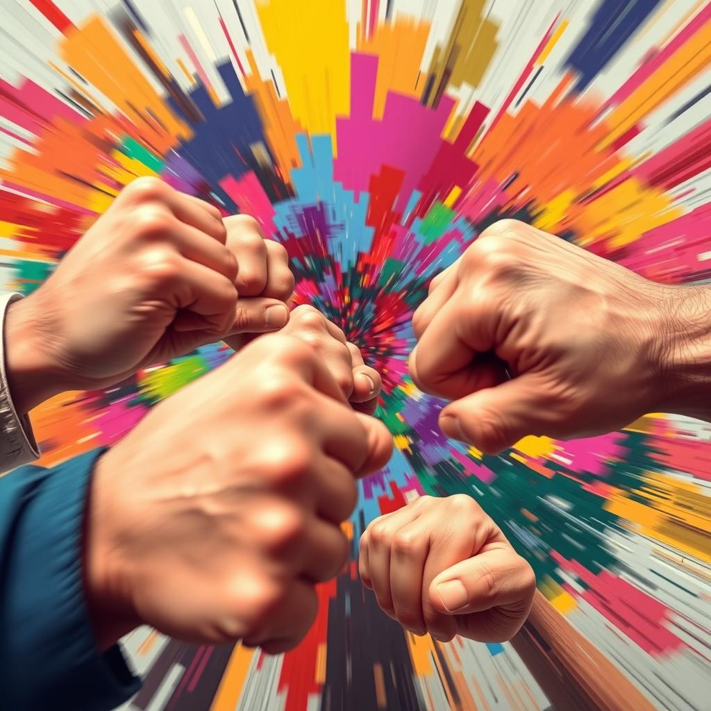A dynamic and high-energy scene showcasing multiple fists striking rapidly, creating a sense of motion and intensity