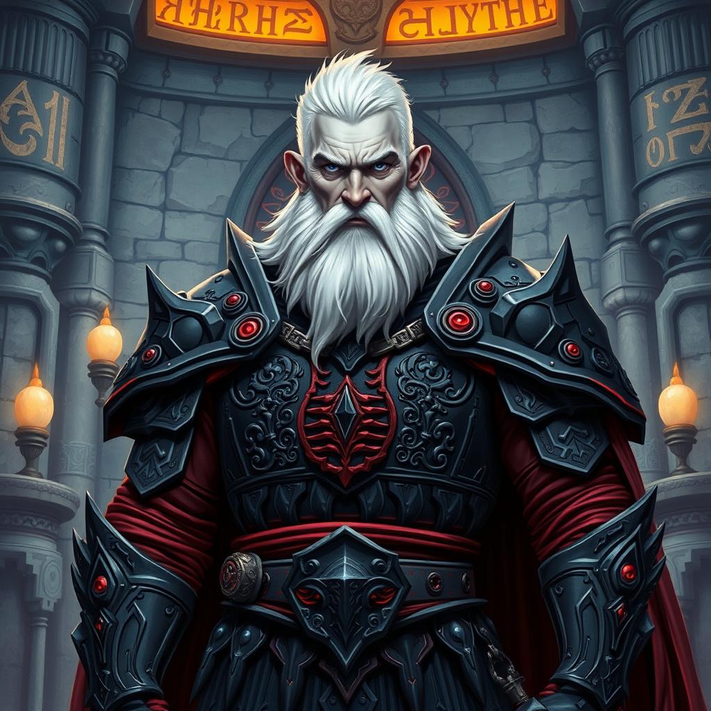 A striking Dungeons and Dragons style illustration of a deep-dwarf King, characterized by his pale white hair and gray skin