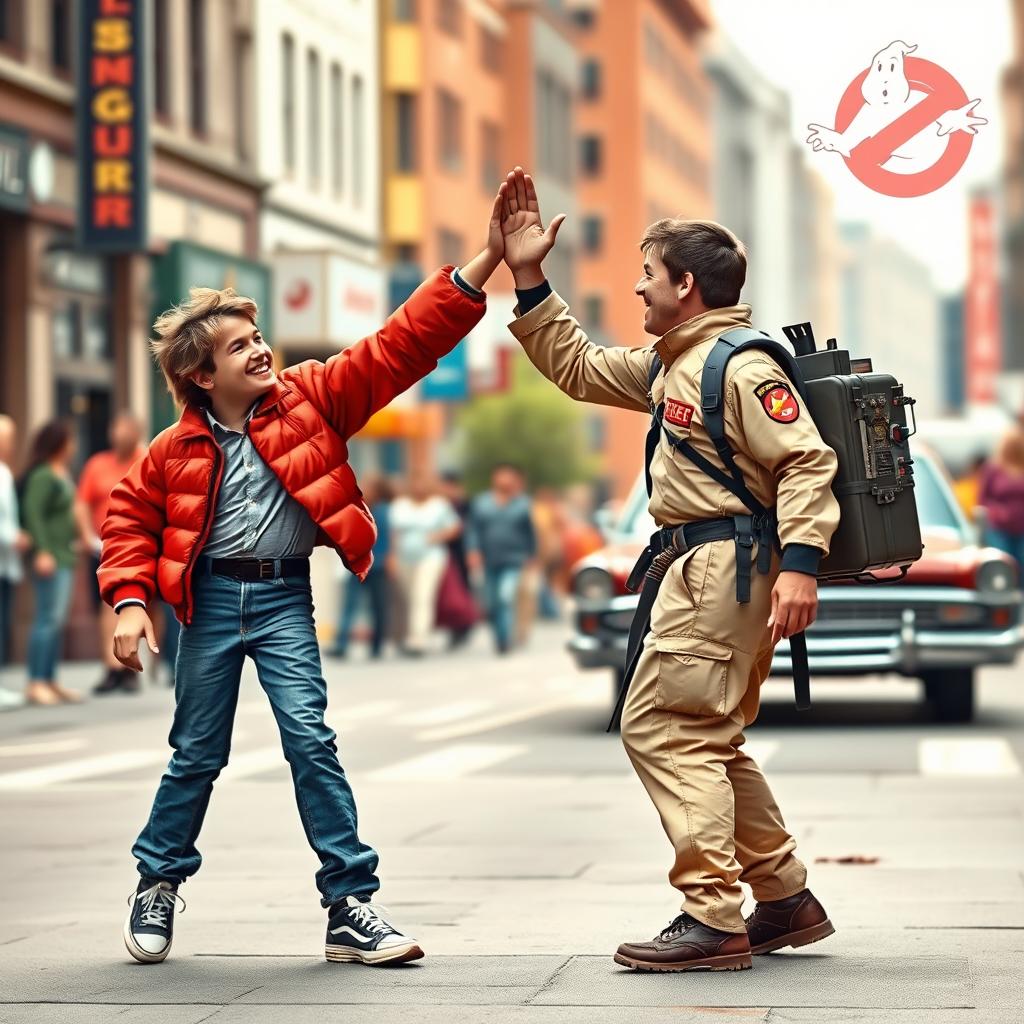 A vibrant scene depicting Marty McFly giving a high five to a Ghostbuster in a bustling street