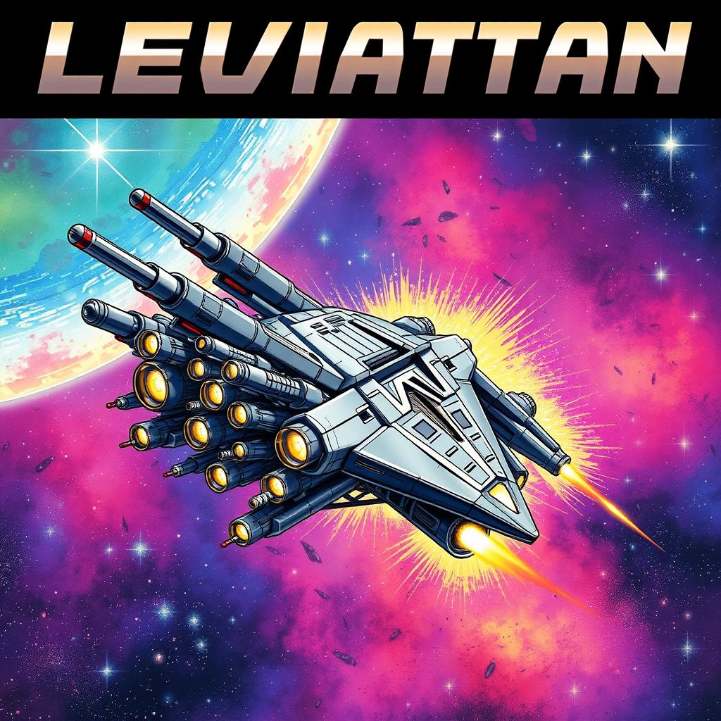 A stylized manga book cover featuring a powerful combat spaceship armed with an array of weapons, navigating through the cosmos
