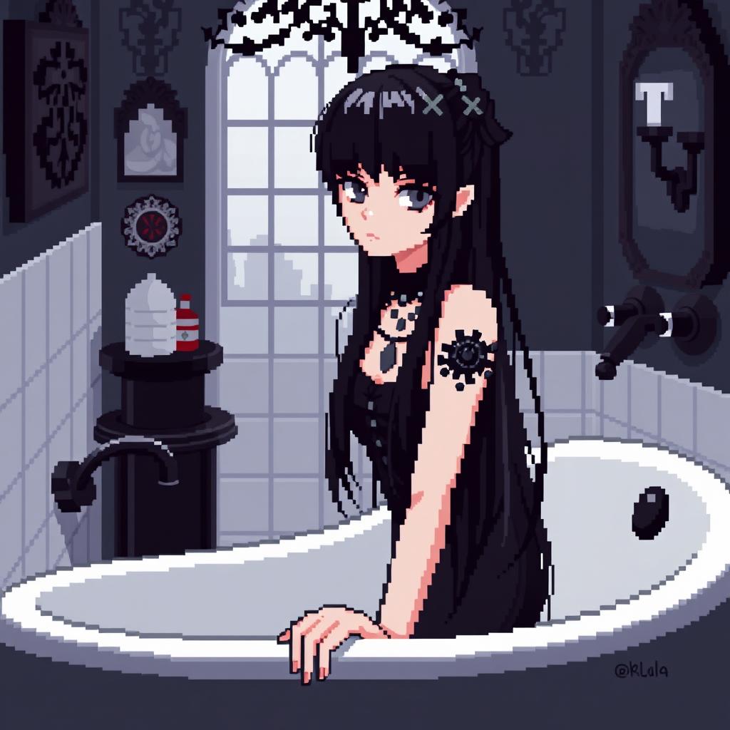 An adult goth girl with long black hair and captivating gray eyes, depicted in a 64x64 pixel art style