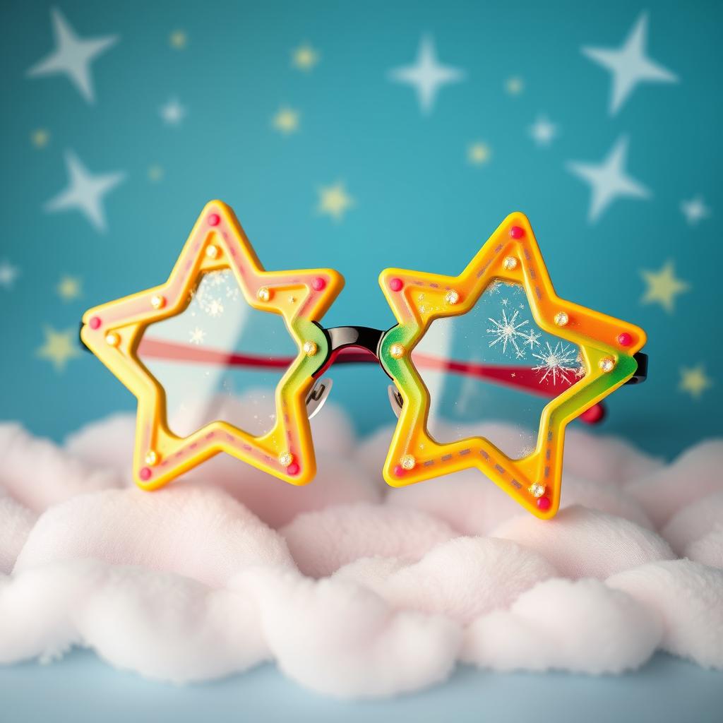 A pair of unique star-shaped eyeglasses, with bright and vibrant colors, displaying playful patterns and sparkling details