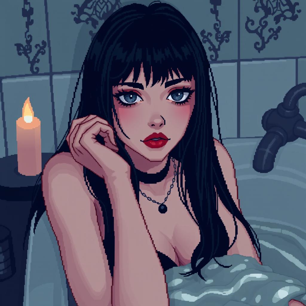 An adult goth girl with long black hair and striking gray eyes, depicted in a 64x64 pixel art style