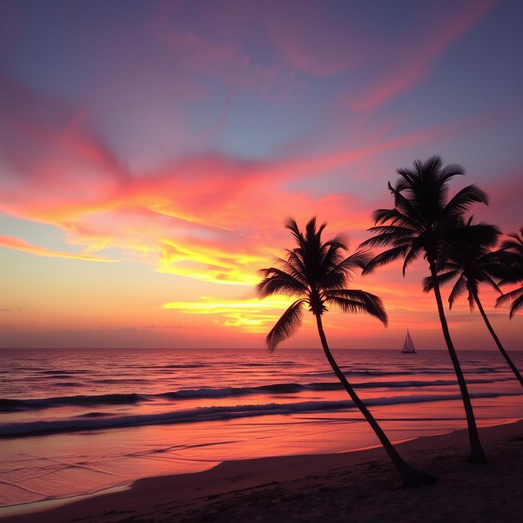 A magnificent sunset over a tranquil beach, with vibrant orange and pink hues blending in the sky