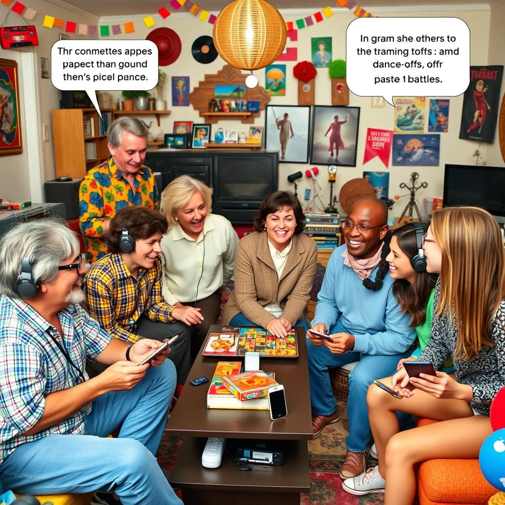 A scene from a comedic family gathering, depicting two generations playfully competing in a lively, humorous debate