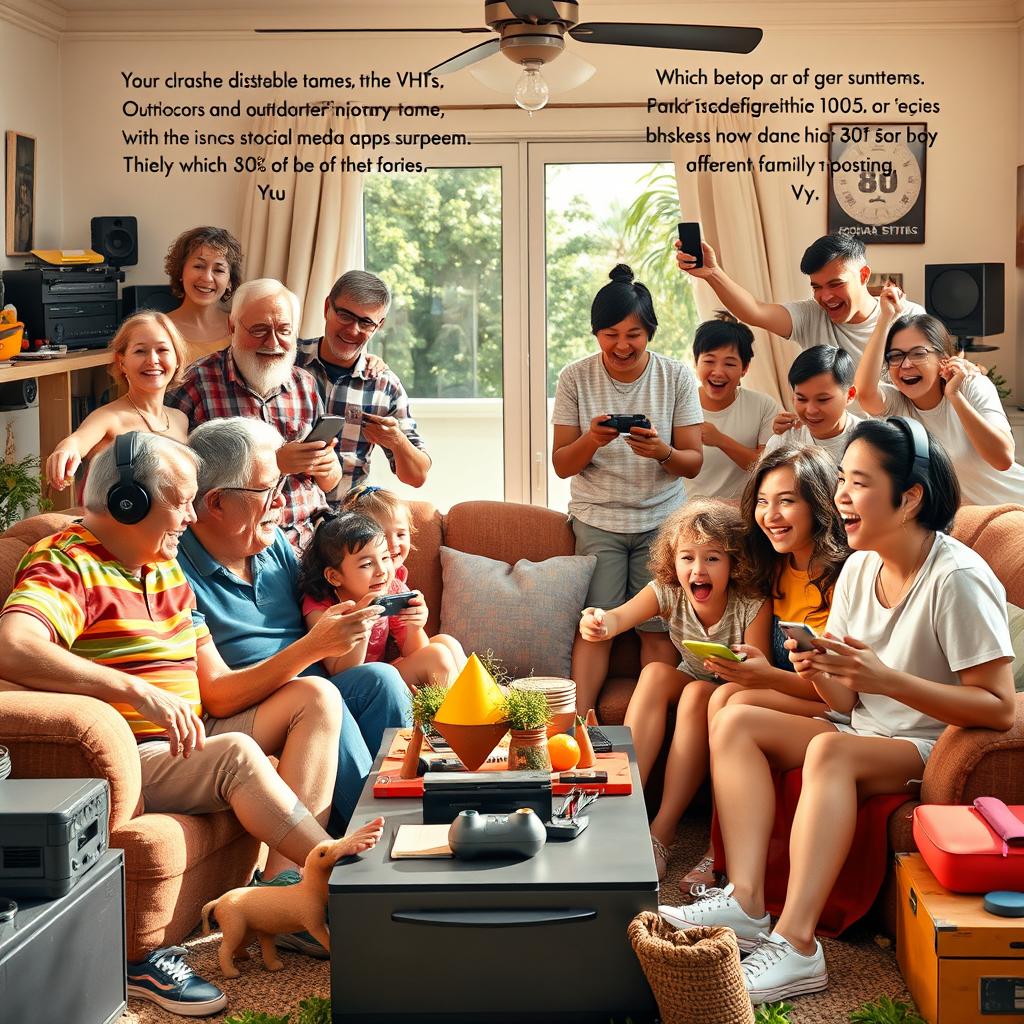 A lively family gathering on a sunny afternoon, two generations clash in a humorous and nostalgic battle