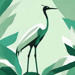 Design an abstract artwork featuring a crane (bird) in various shades of green, emphasizing the elegance and serenity of the animal.