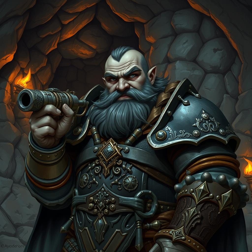 A vivid Dungeons and Dragons style illustration of a deep-dwarf, characterized by his dark gray skin and sturdy build