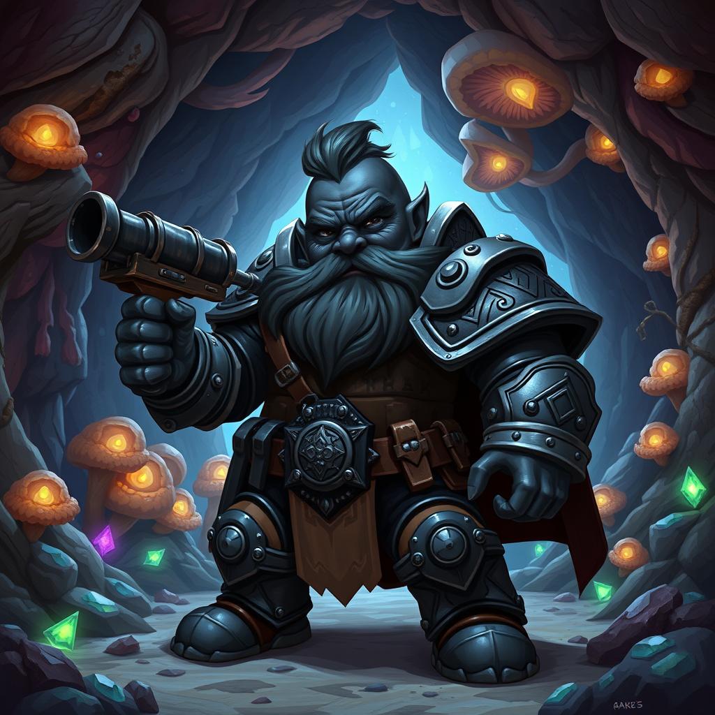 A dynamic Dungeons and Dragons style illustration of a deep-gnome, distinguished by his dark black skin and compact build