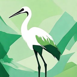 Design an abstract artwork featuring a crane (bird) in various shades of green, emphasizing the elegance and serenity of the animal.