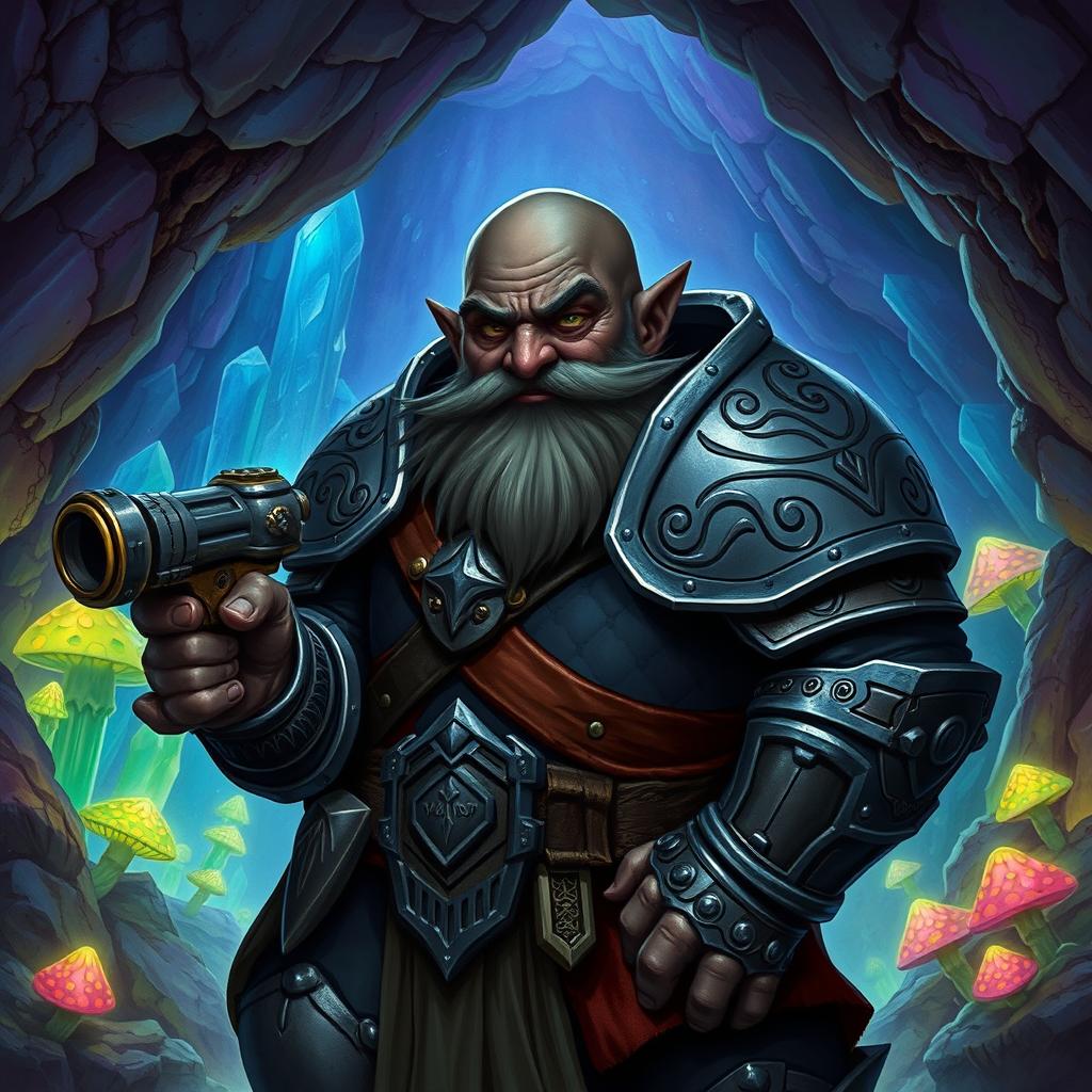 A captivating Dungeons and Dragons style illustration of a bald deep-gnome, characterized by his dark black skin and compact physique