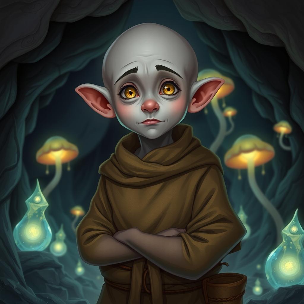 A captivating Dungeons and Dragons style illustration of a hairless deep-gnome, featuring very gray skin that adds to his unique character