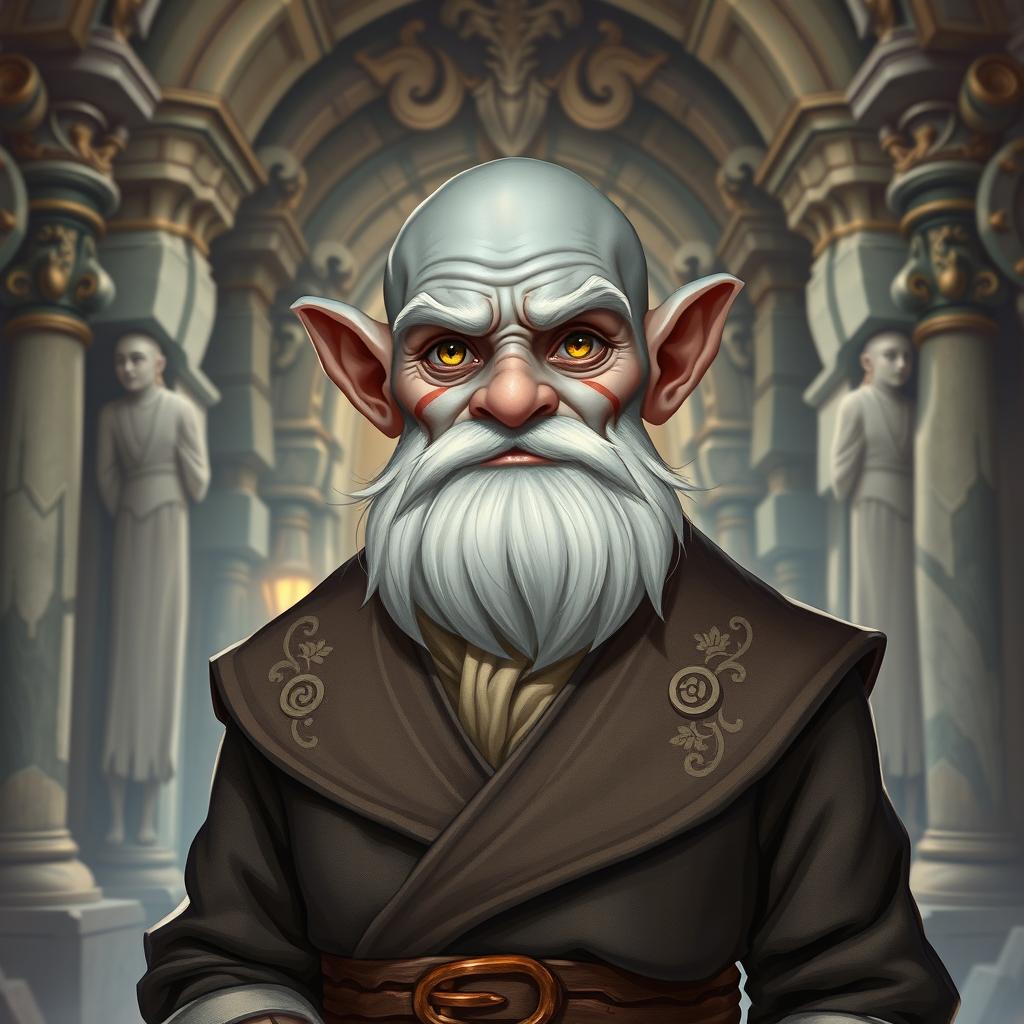 A beautifully crafted Dungeons and Dragons style illustration of a hairless deep-gnome diplomat, featuring very gray skin that adds a touch of elegance to his appearance
