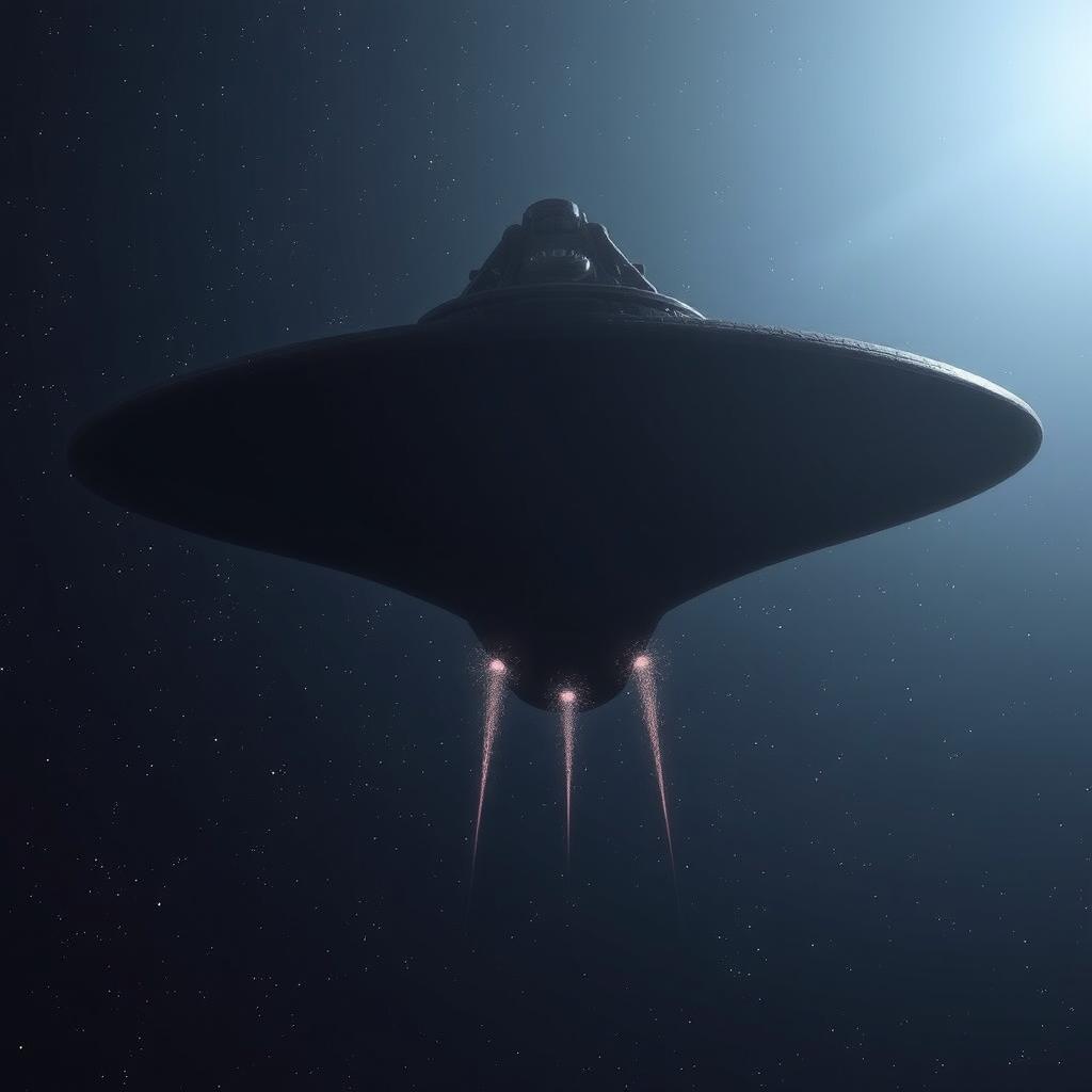 A realistic depiction of an alien spaceship with an immense fusiform and dark silhouette, devoid of any details