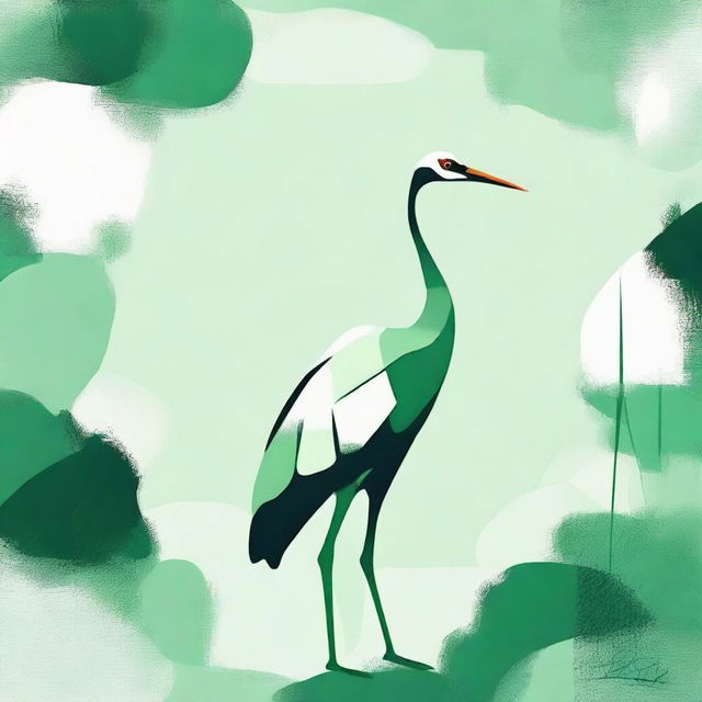 Design an abstract artwork featuring a crane (bird) in various shades of green, emphasizing the elegance and serenity of the animal.