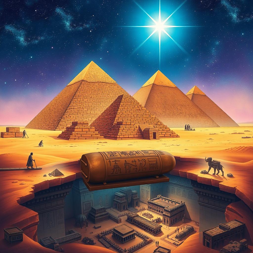 A detailed illustration showing the majestic pyramids of Giza under a vibrant night sky illuminated by three bright stars
