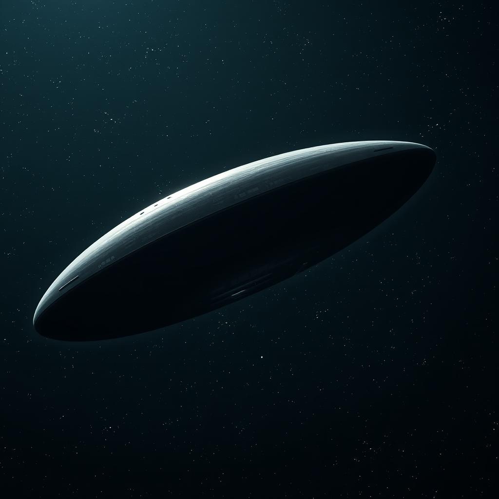 An alien spaceship with an immense fusiform and dark silhouette, featuring a sleek, smooth surface with no intricate details