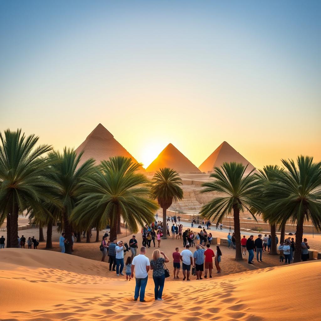 A stunning view of the Great Pyramids of Giza under a clear blue sky, with the sun setting behind them casting a golden hue