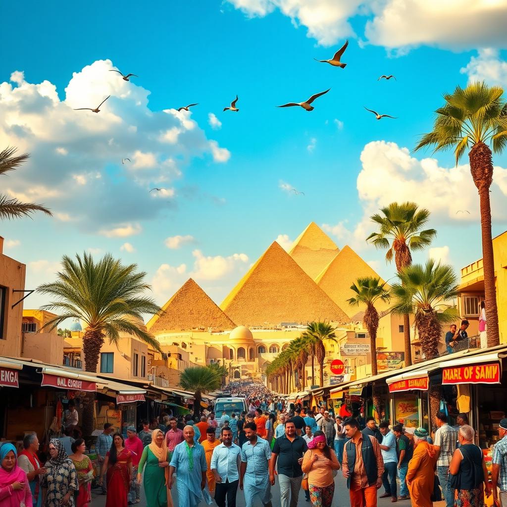 A vibrant, bustling city located underneath the majestic Pyramids of Giza, showcasing a blend of ancient and modern architecture