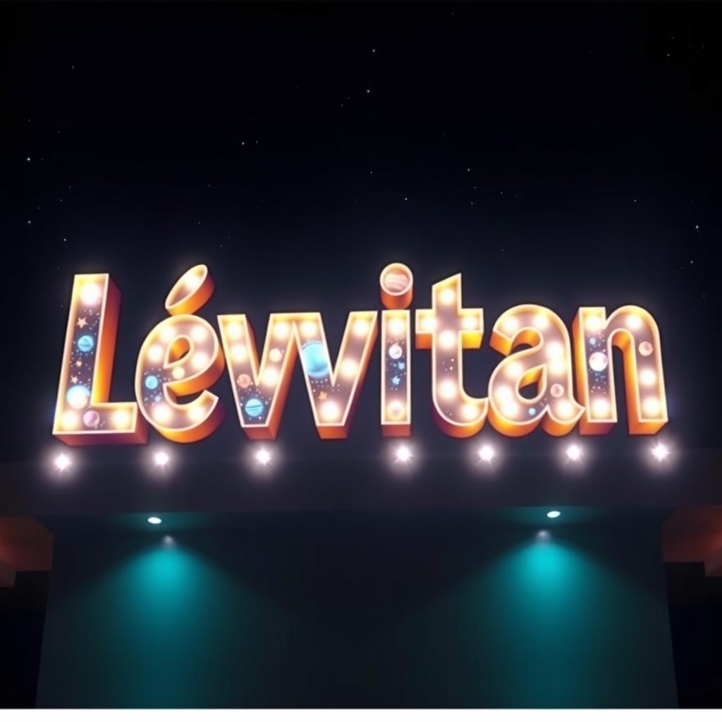 A creative and artistic sign featuring three-dimensional, space-themed letters spelling out the word 'Leviatán'