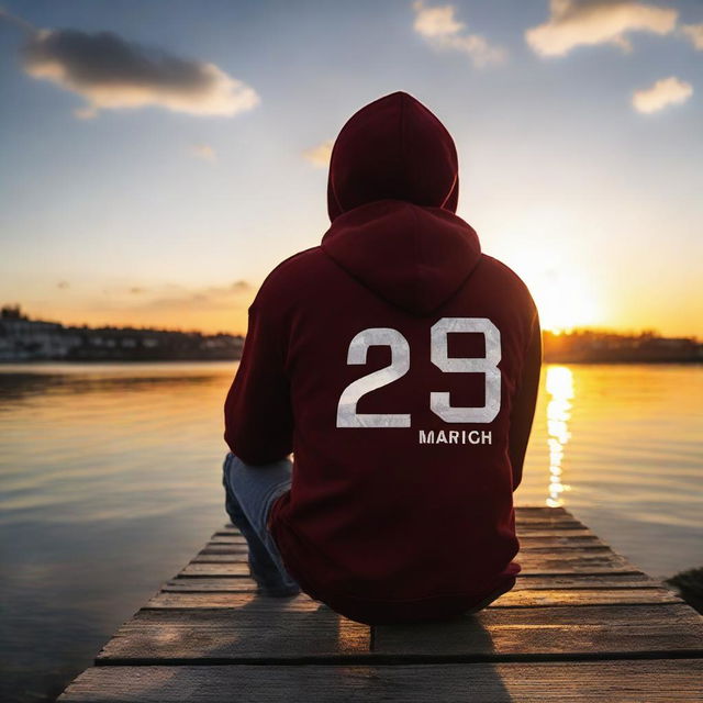 A youthful male individual sitting on a pier edge while wearing a hoodie with 'March' written on it and the number '29' underneath, accompanied by a breathtaking sunset backdrop.