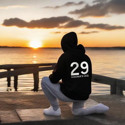 A youthful male individual sitting on a pier edge while wearing a hoodie with 'March' written on it and the number '29' underneath, accompanied by a breathtaking sunset backdrop.