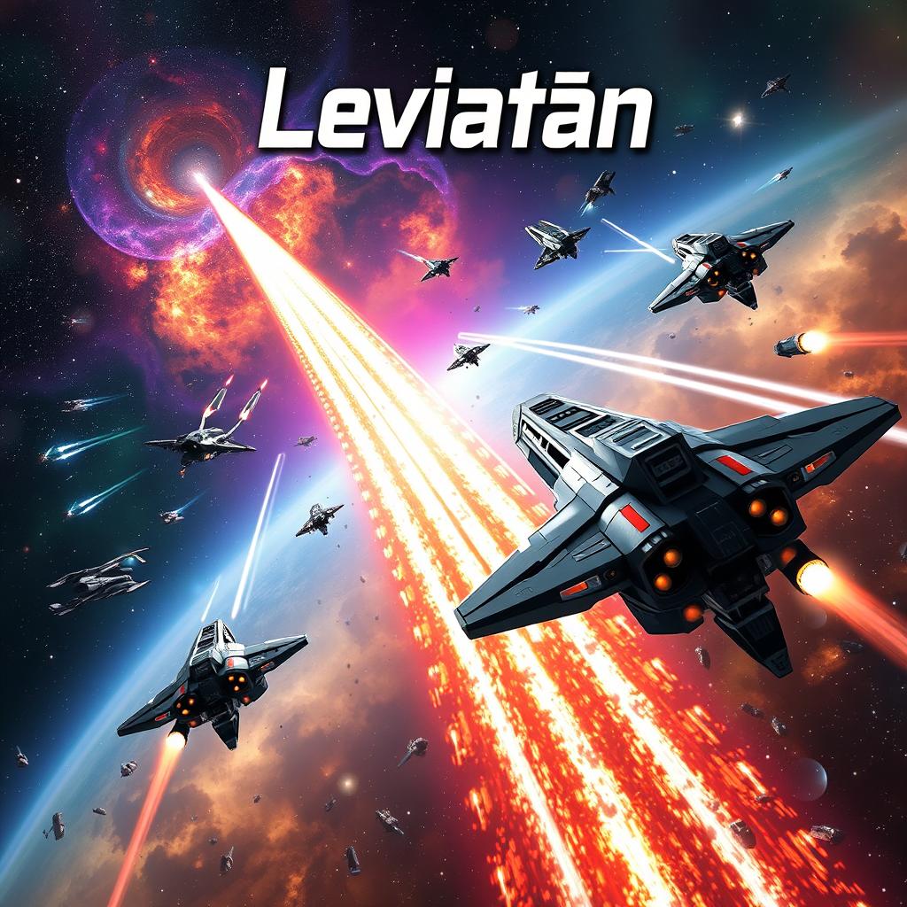 A realistic depiction of a space battle featuring various futuristic spacecraft engaged in combat, with visible trails of destruction from destroyed ships scattered across the scene