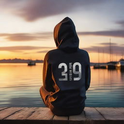 A youthful male individual sitting on a pier edge while wearing a hoodie with 'March' written on it and the number '29' underneath, accompanied by a breathtaking sunset backdrop.