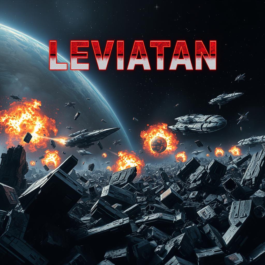 A realistic depiction of a space combat zone, featuring debris from destroyed spaceships scattered throughout
